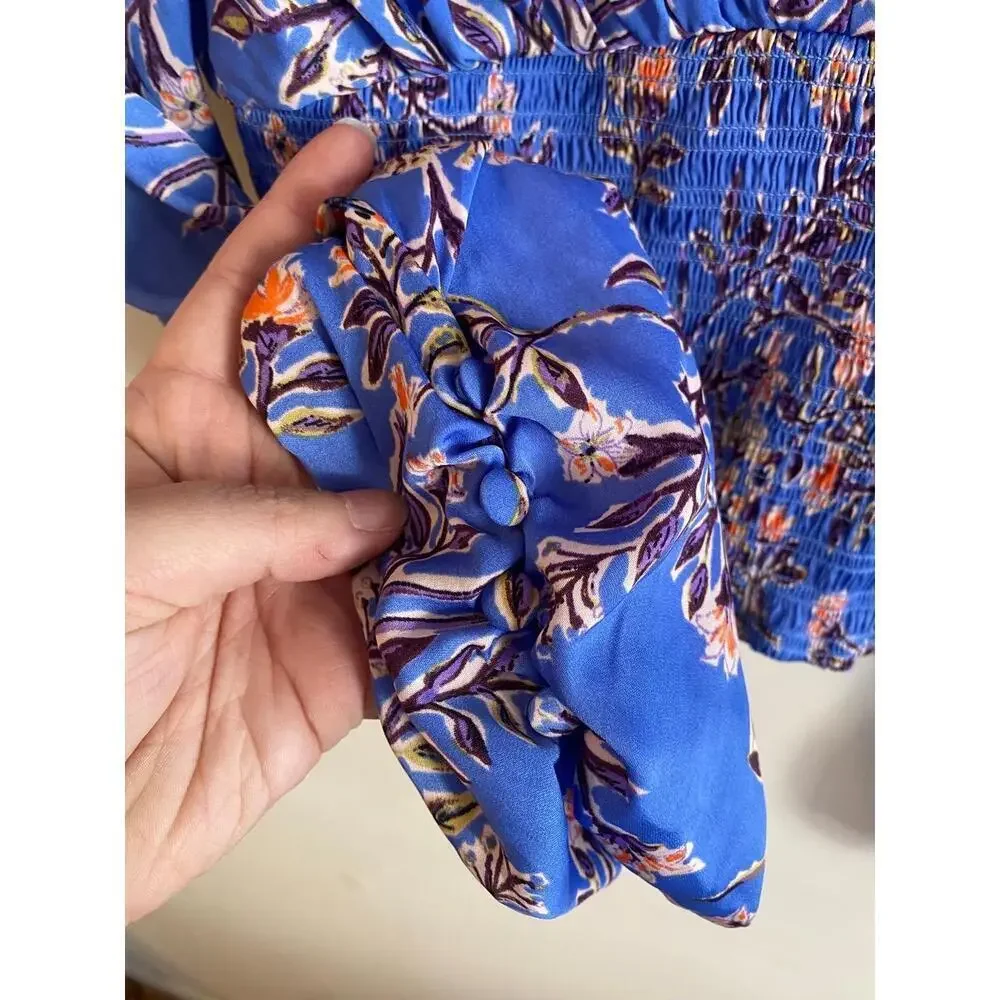 Free People Blue Floral Print Square Neckline Cropped Blouse Size Small